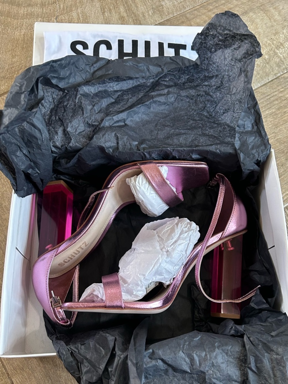 New In Box Schutz Samai Acrylic Heels Pink Metallic